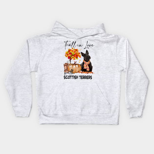 Fall In Love With Scottish Terriers Fall Pumpkin Thanksgiving Kids Hoodie by Red and Black Floral